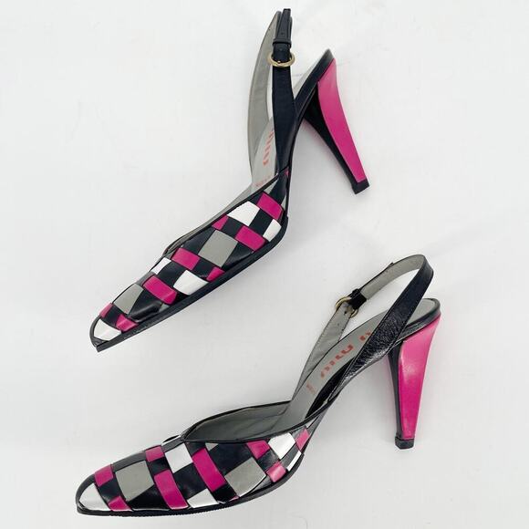 Vintage Retro Miu Miu Pink Black White Woven Pointed Toe Slingback Pump IT 39 - Picture 4 of 11